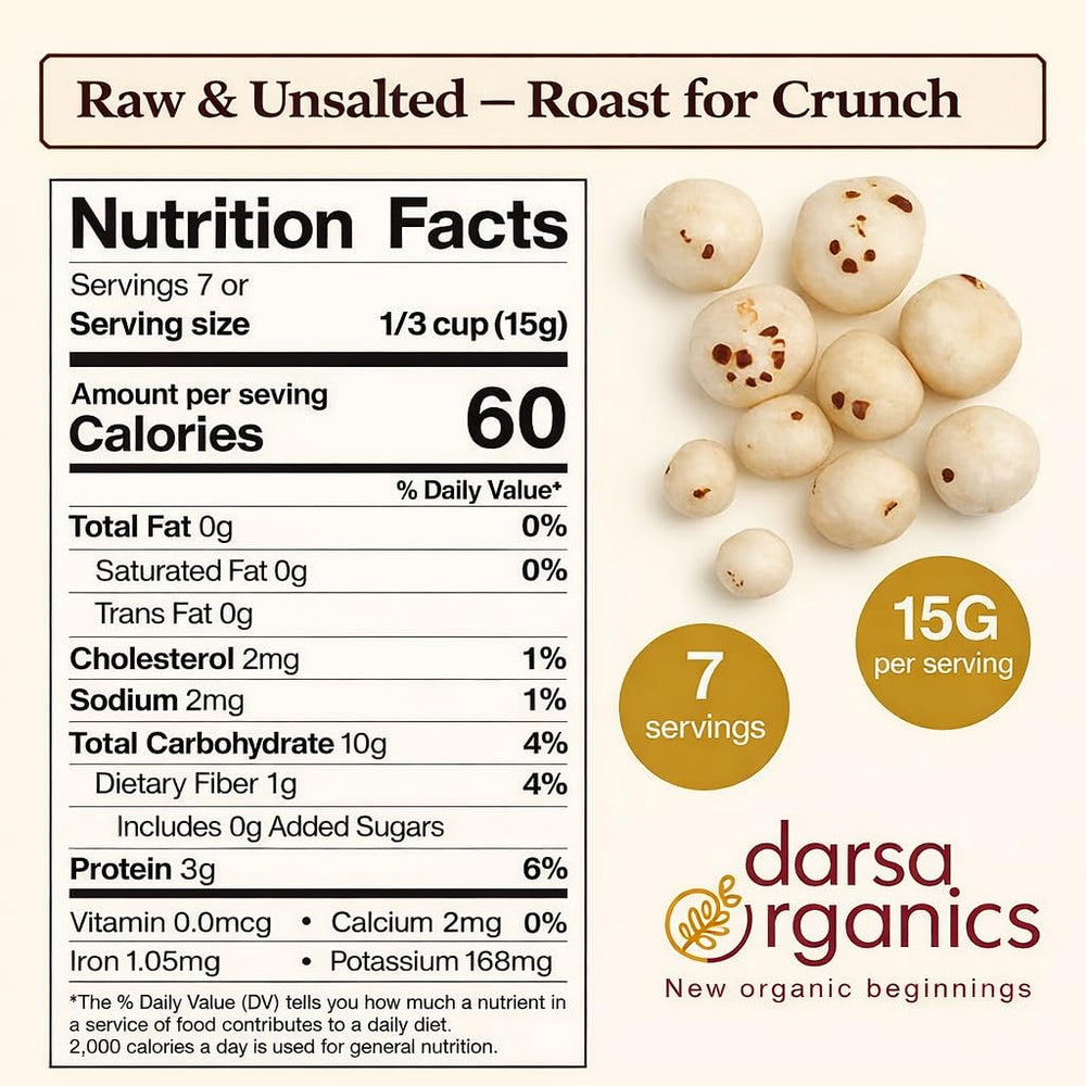 Darsa Organics raw makhana close-up highlighting natural texture and roasting potential