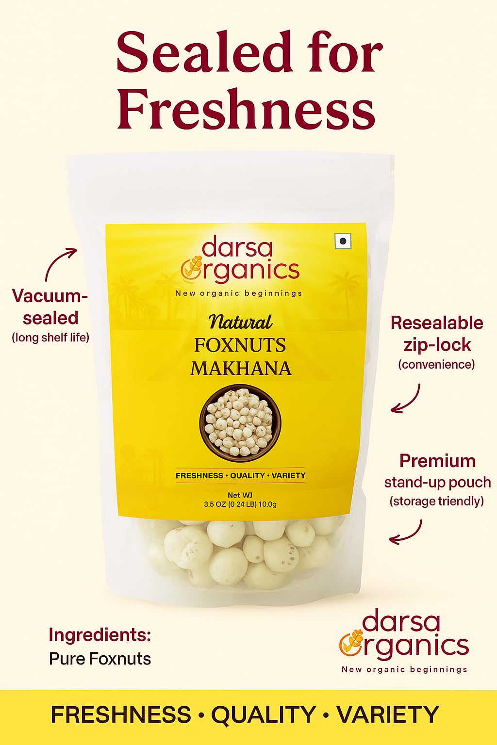 Darsa Organics resealable pouch zipper detail emphasizing freshness retention