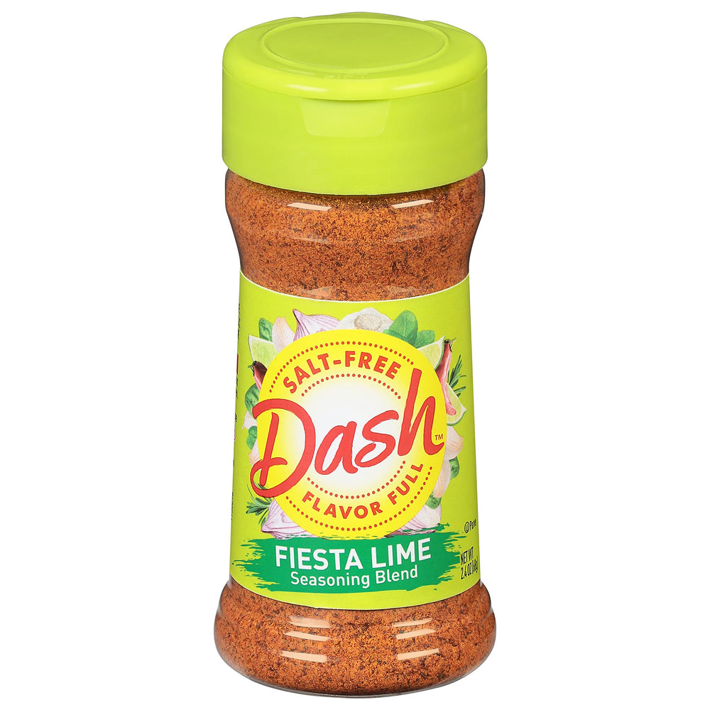 Dash Fiesta Lime front packaging showing 2.4 oz shaker and brand benefit