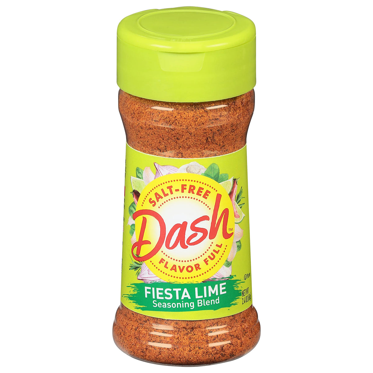 Dash Fiesta Lime front packaging showing 2.4 oz shaker and brand benefit