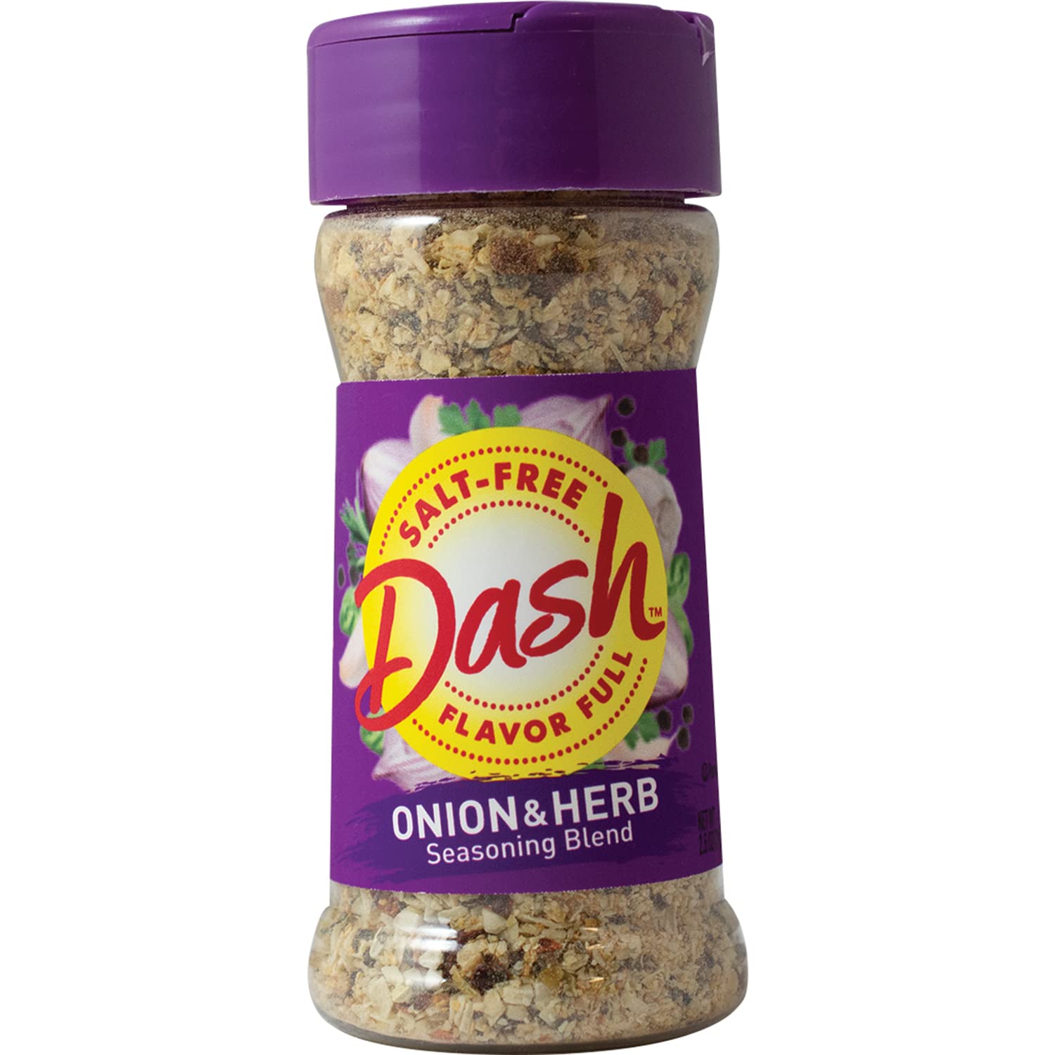 Dash front label showing Onion & Herb seasoning for bold salt-free flavor