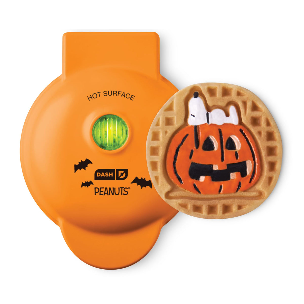 DASH front view of orange Snoopy Jack-O-Lantern mini waffle maker showing compact design and fun look