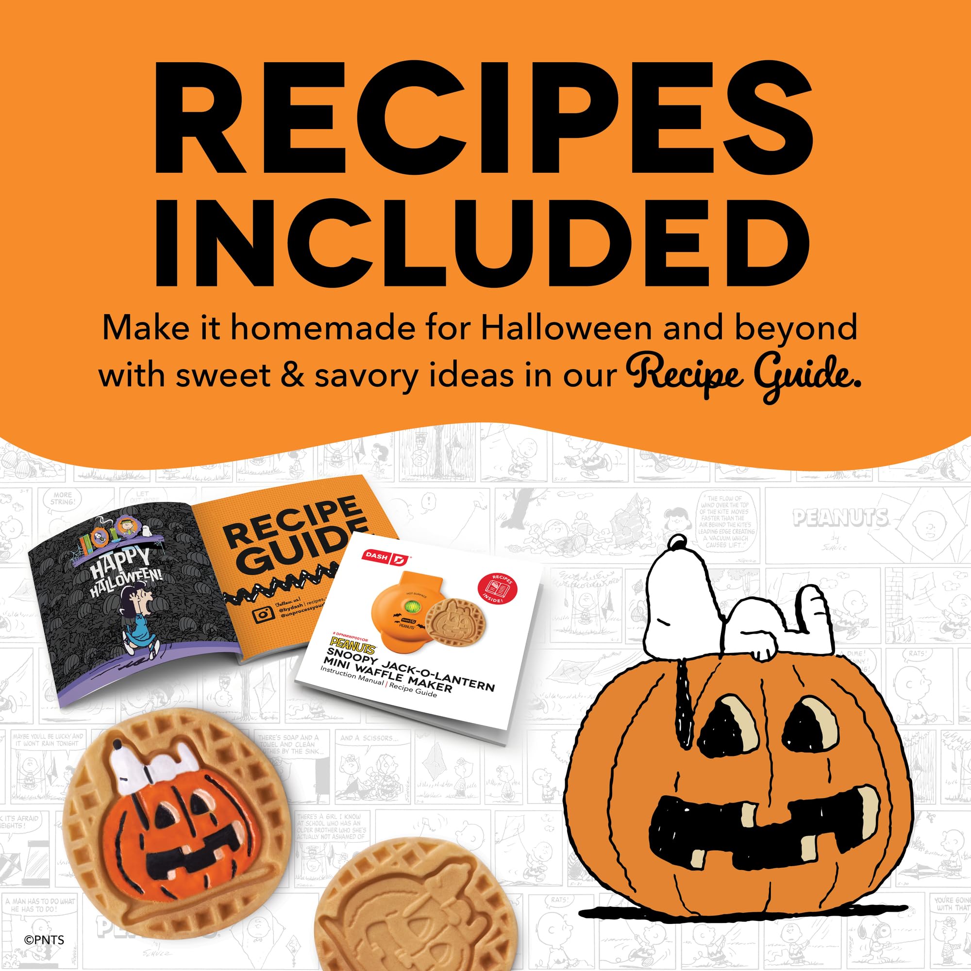 DASH mini waffle maker on Halloween table with toppings showing festive entertaining potential