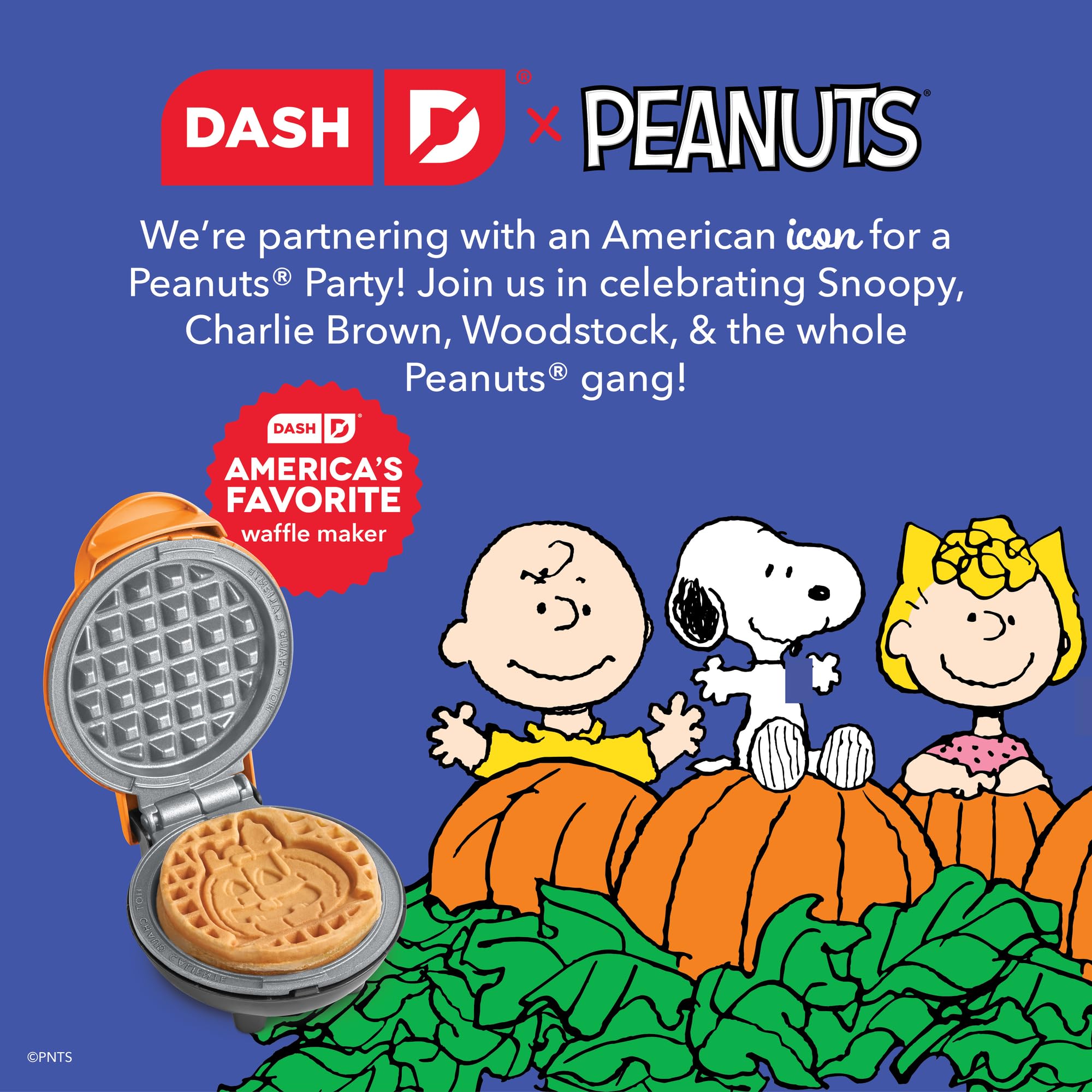 DASH mini waffle maker open with pumpkin-shaped waffle demonstrating quick-serving advantage