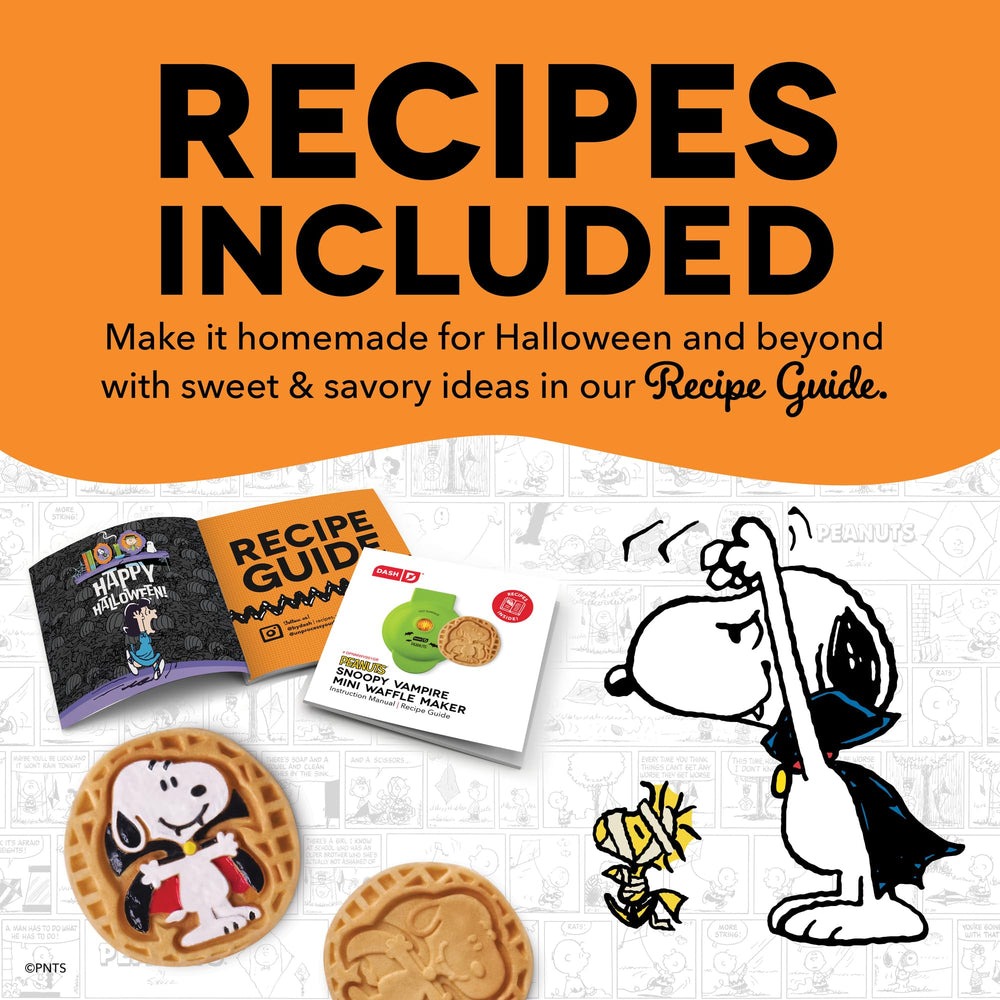 Dash Snoopy Vampire recipe guide and waffles displayed offering inspiration and serving ideas