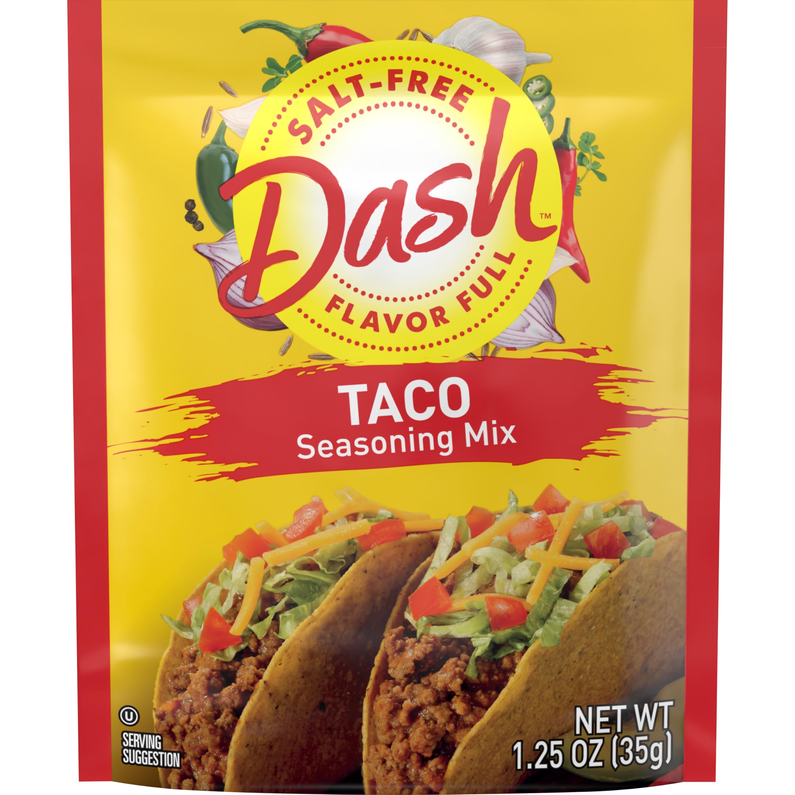 Dash front packaging of taco seasoning showing label and pack benefit