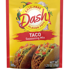 Dash front packaging of taco seasoning showing label and pack benefit
