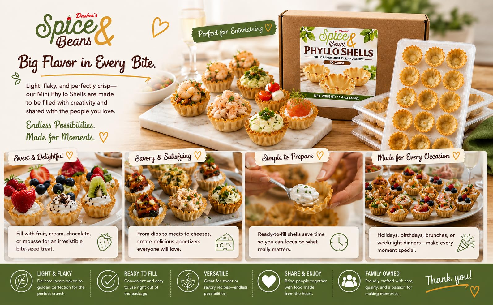 DASHER'S SPICE & BEANS cups filled with savory seafood and herb toppings for parties