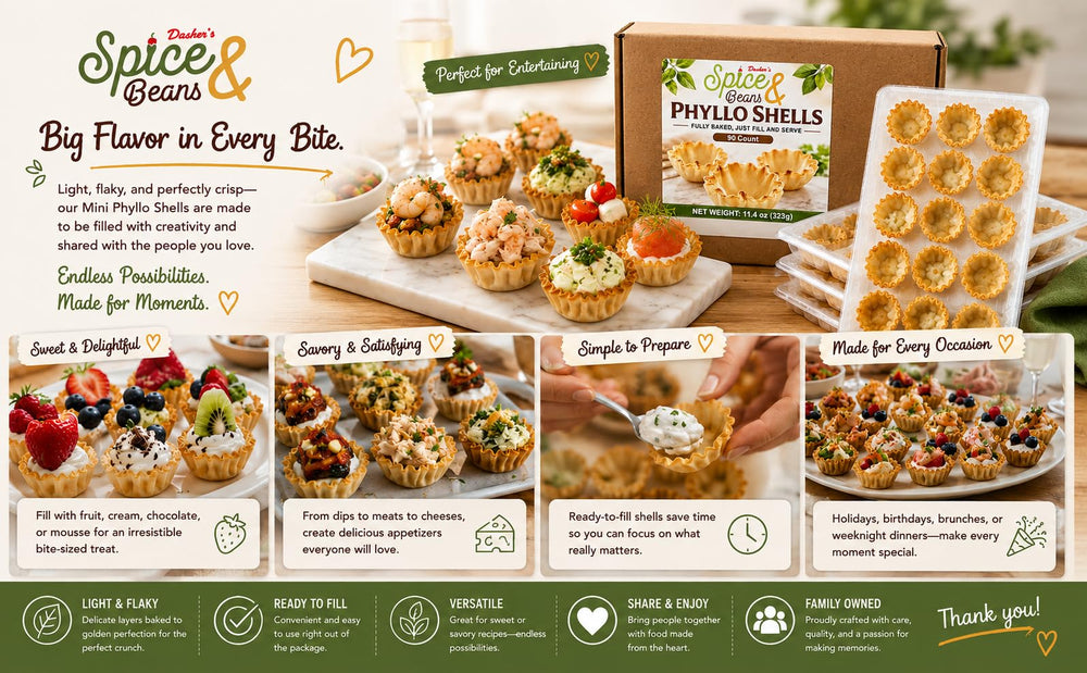 DASHER'S SPICE & BEANS cups filled with savory seafood and herb toppings for parties
