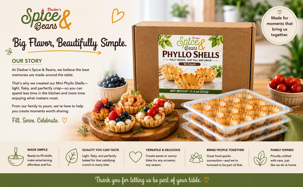 DASHER'S SPICE & BEANS mini shells filled with fruit tarts showing elegant dessert appeal