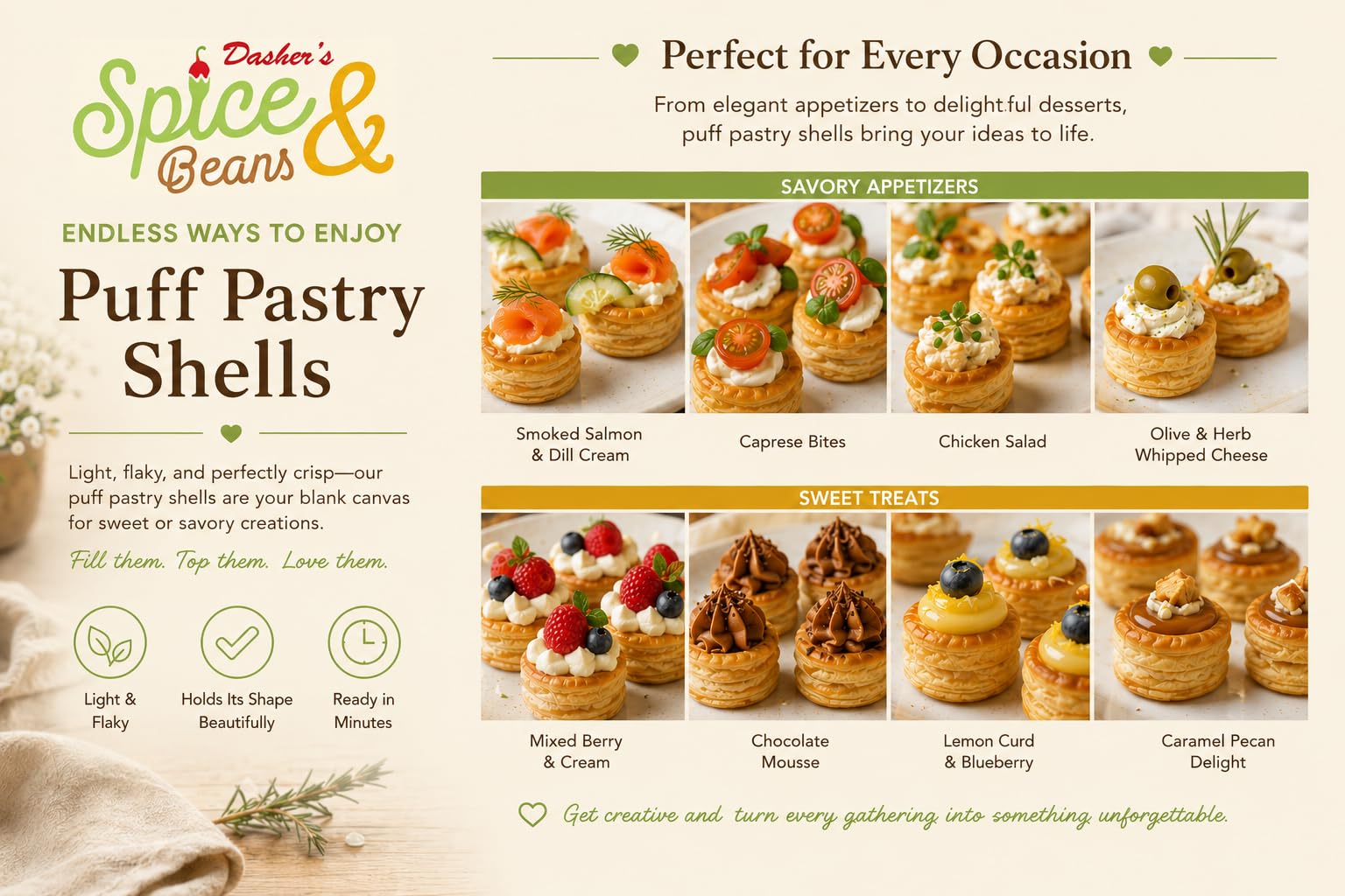 Dasher’s Spice & Beans savory canapés in shells topped with seafood and herbs for catering ease