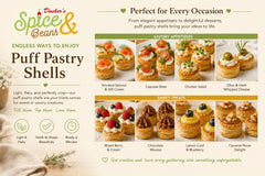 Dasher’s Spice & Beans savory canapés in shells topped with seafood and herbs for catering ease