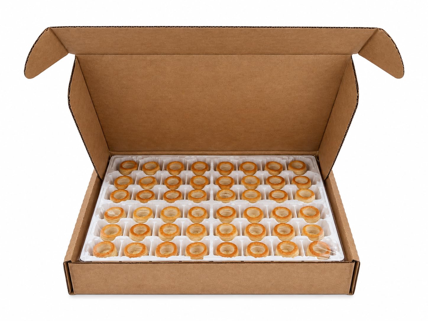 Dasher’s Spice & Beans tray of arranged pastry shells ready for rapid assembly at events