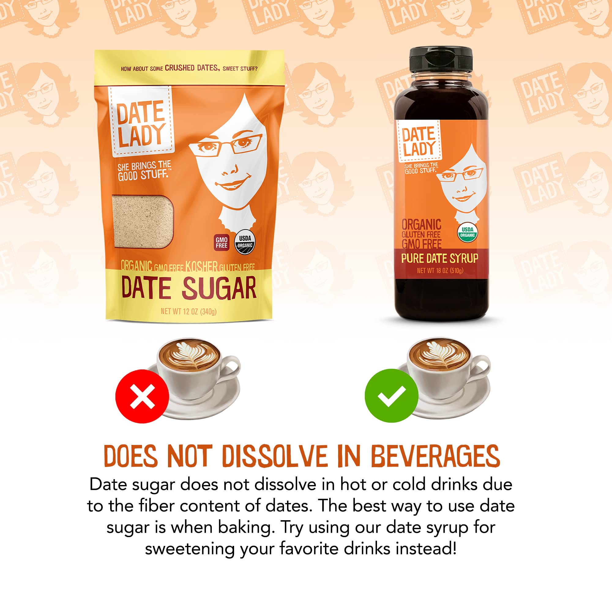 Date Lady open bag revealing date sugar granules, emphasizes whole-fruit, single-ingredient purity