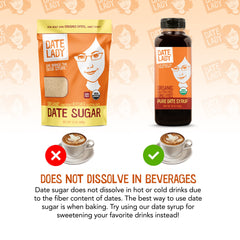 Date Lady open bag revealing date sugar granules, emphasizes whole-fruit, single-ingredient purity