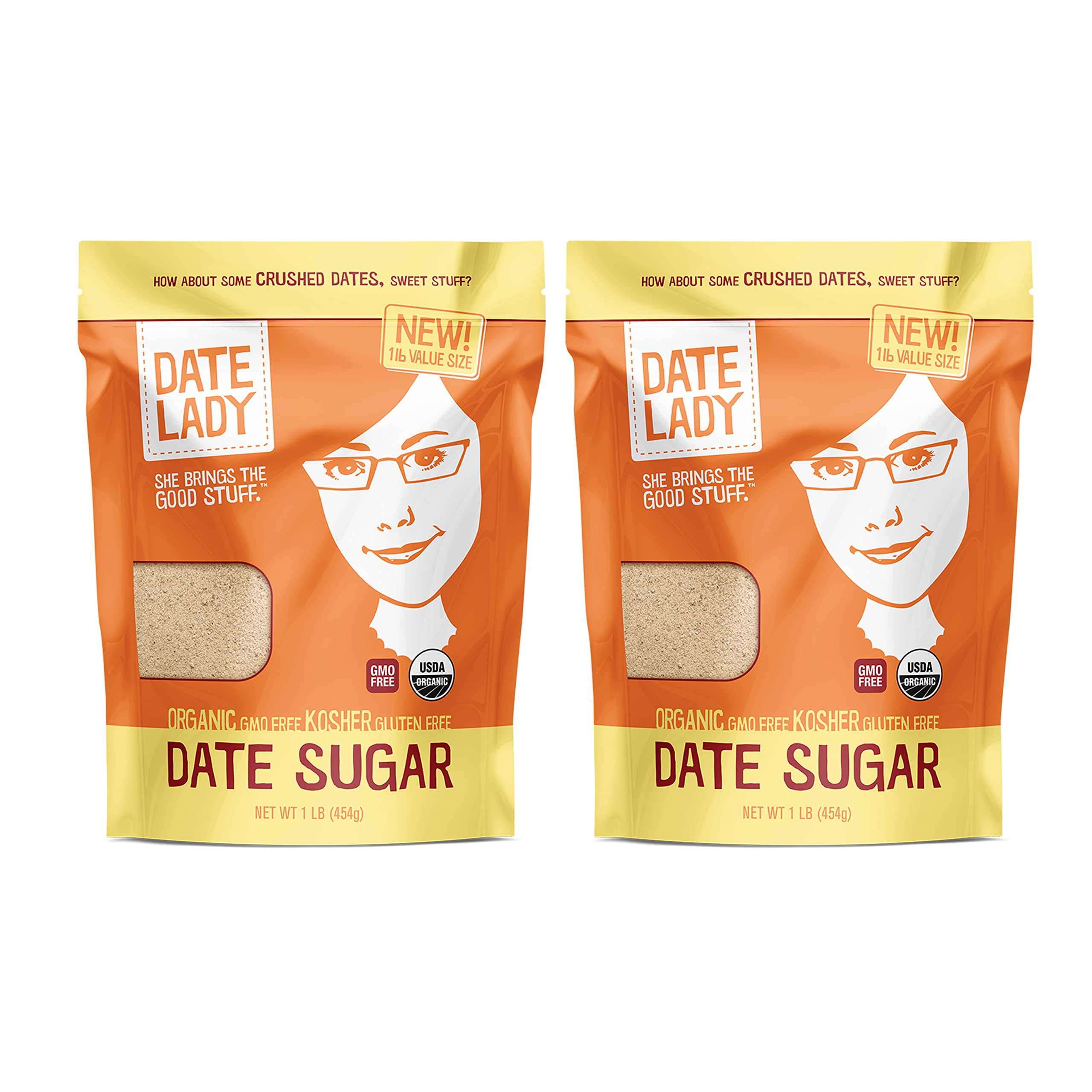 Date Lady front packaging showing 1 lb bag and organic label, highlights pantry-ready convenience