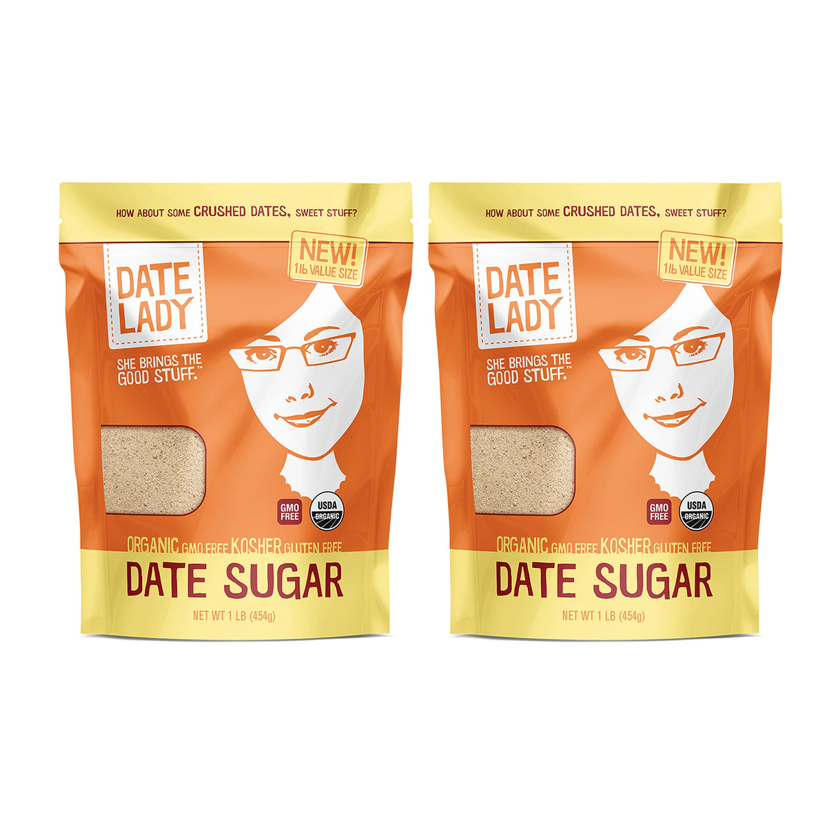 Date Lady front packaging showing 1 lb bag and organic label, highlights pantry-ready convenience