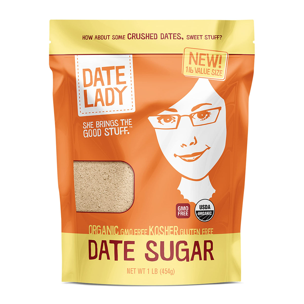 Date Lady front packaging showing 1 lb bag and organic label benefit