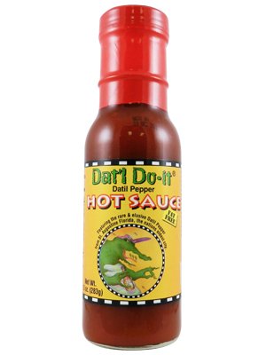 Dat'l Do It bottle front label showing brand and tomato-datil pepper flavor for seafood