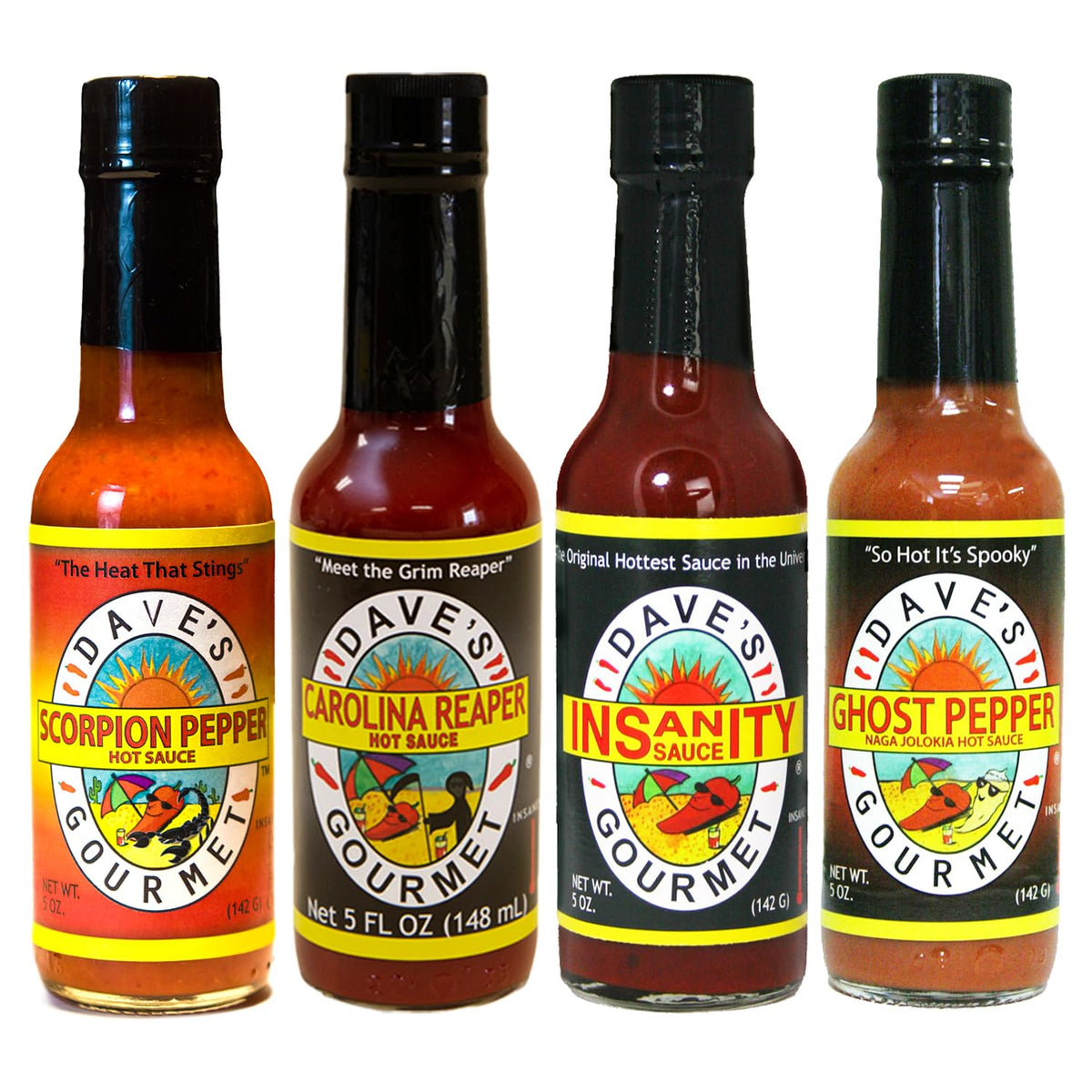 Dave's Gourmet 4-pack front view showing all four hot sauces for bold tasting