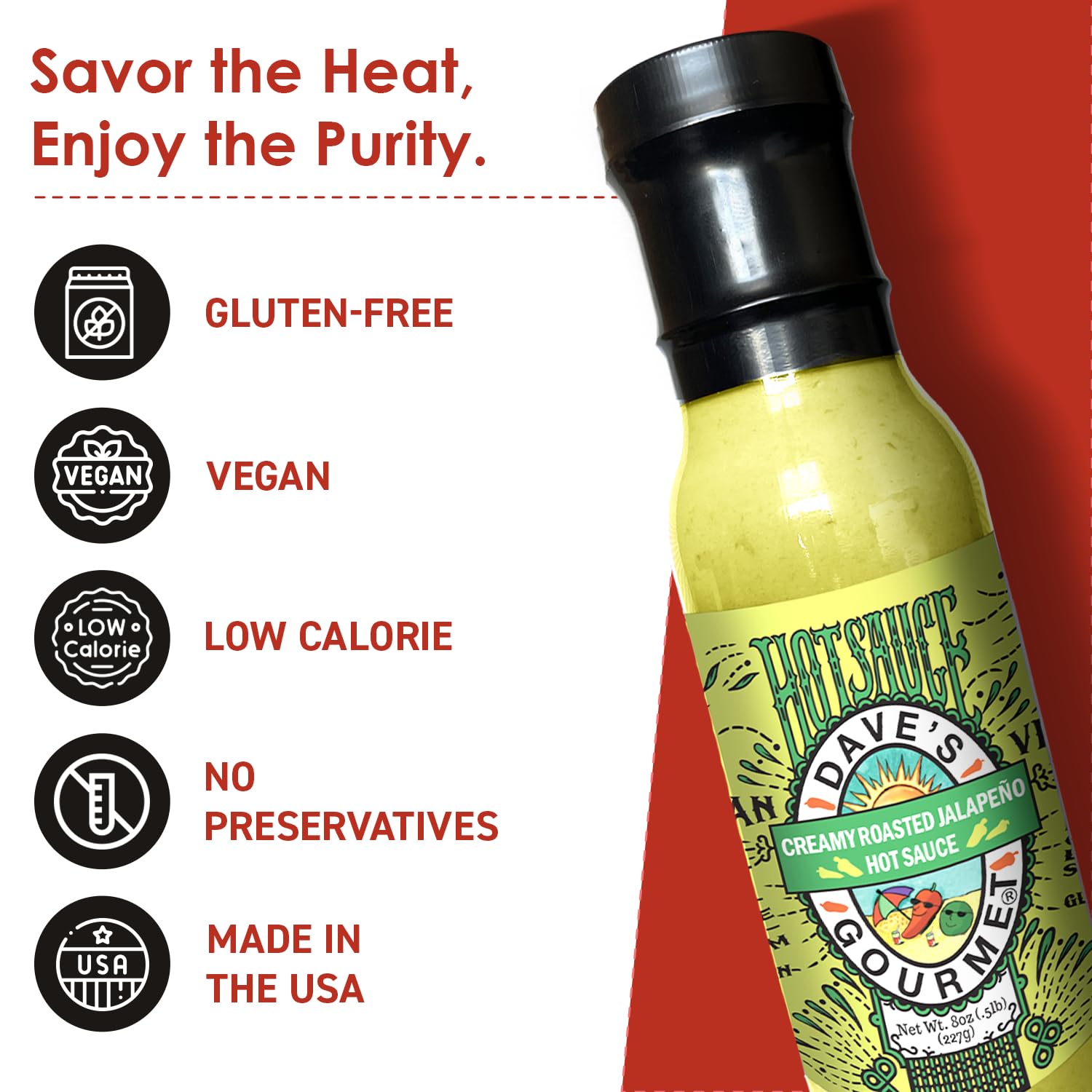 Dave's Gourmet close-up of bottle neck and label for product detail