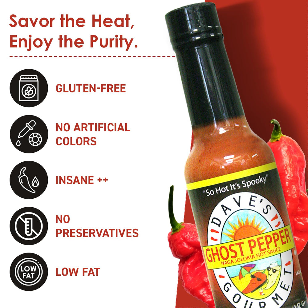 Dave's Gourmet label detail with ingredients list visible and benefit: authentic ghost pepper highlighted