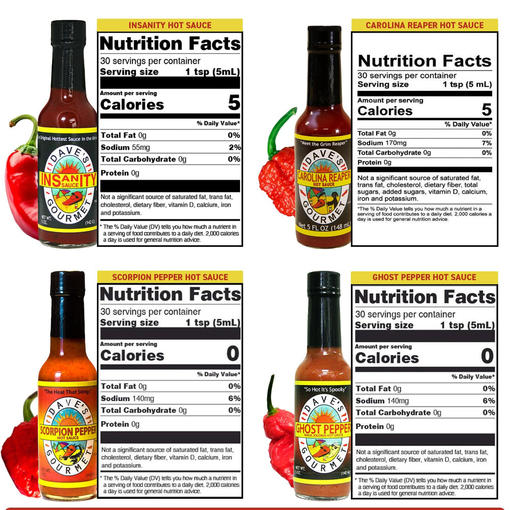 Dave's Gourmet bottles lined up to compare labels and heat varieties quickly