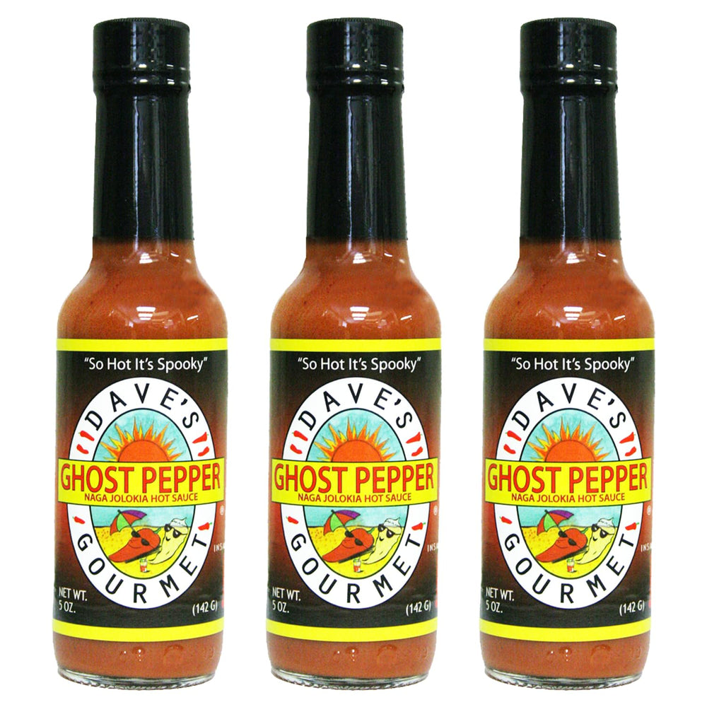 Dave's Gourmet front packaging showing three 5oz bottles and bold branding benefit: clear product identity