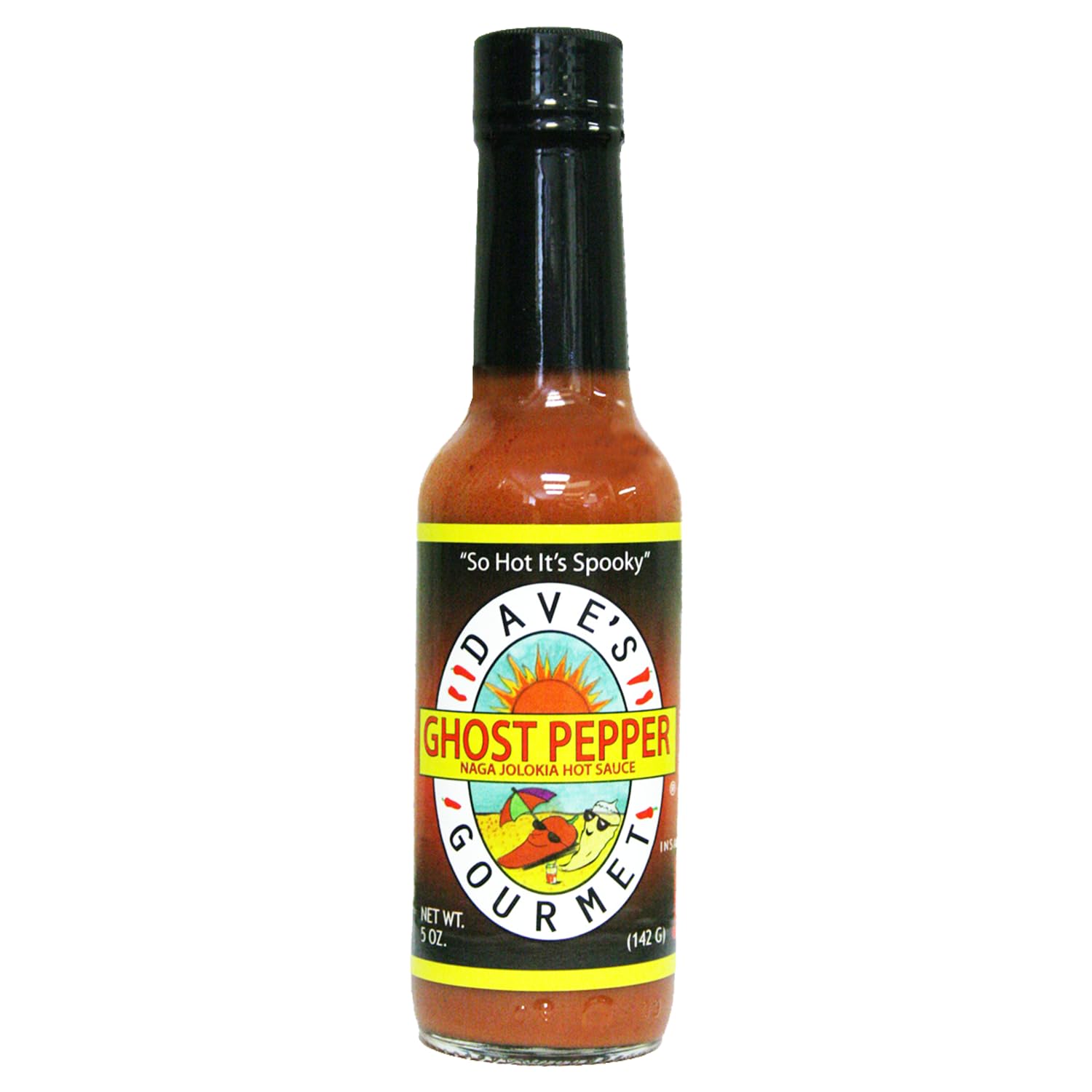 Dave's Gourmet front bottle view showing label and bold hot sauce heat
