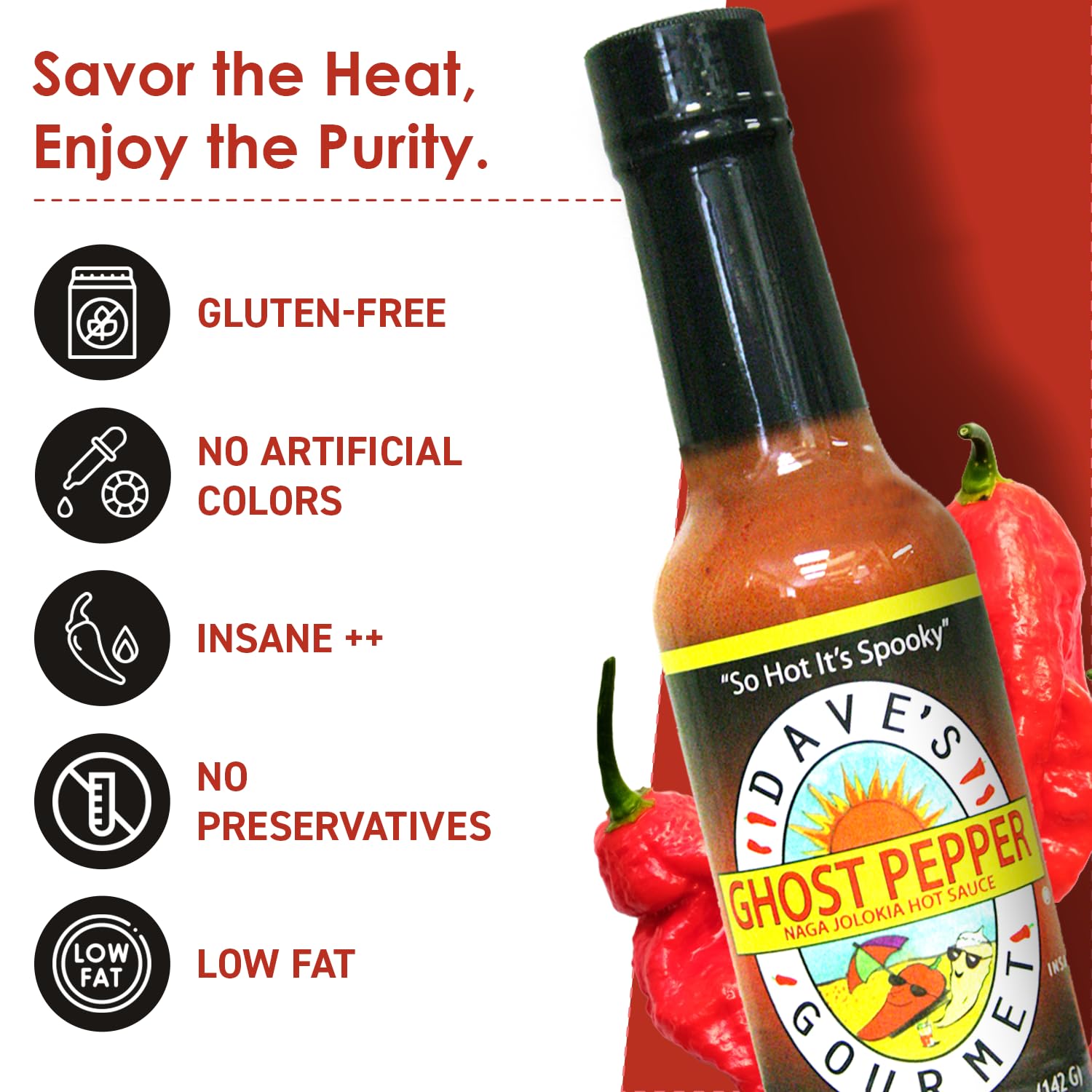 Dave's Gourmet label close-up highlighting ghost pepper ingredients and origin
