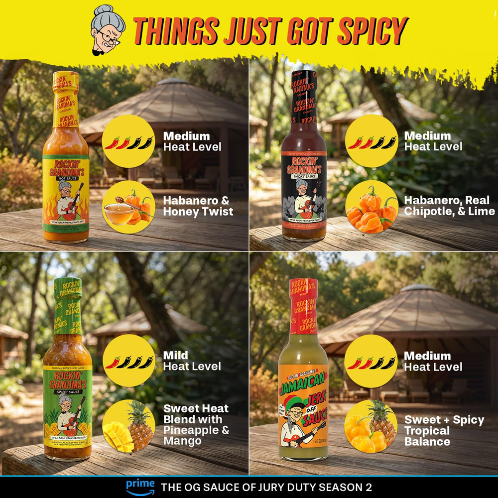Dave's Gourmet four bottle lineup showing Original Smoky Jamaican Jerk and Sweet, highlights options