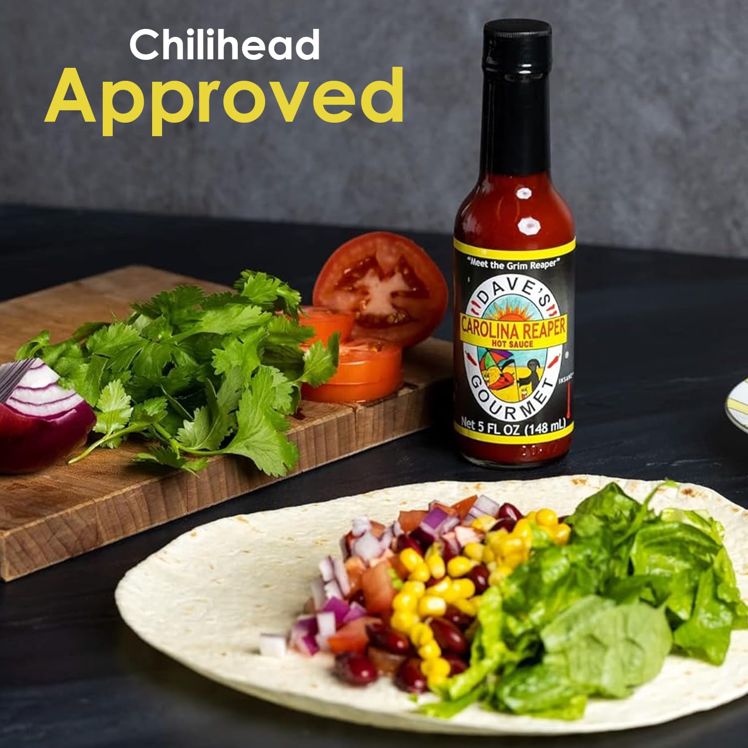 Dave's Gourmet bottle next to common items showing 5oz size and portion control