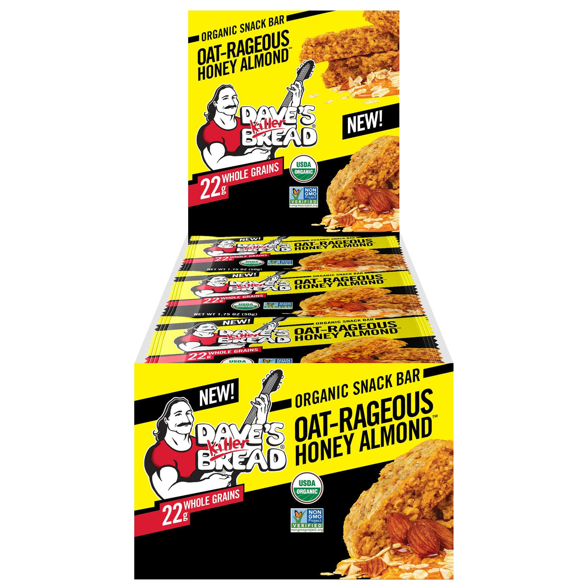 Dave's Killer Bread front packaging showing organic 12-count box, easy grab-and-go