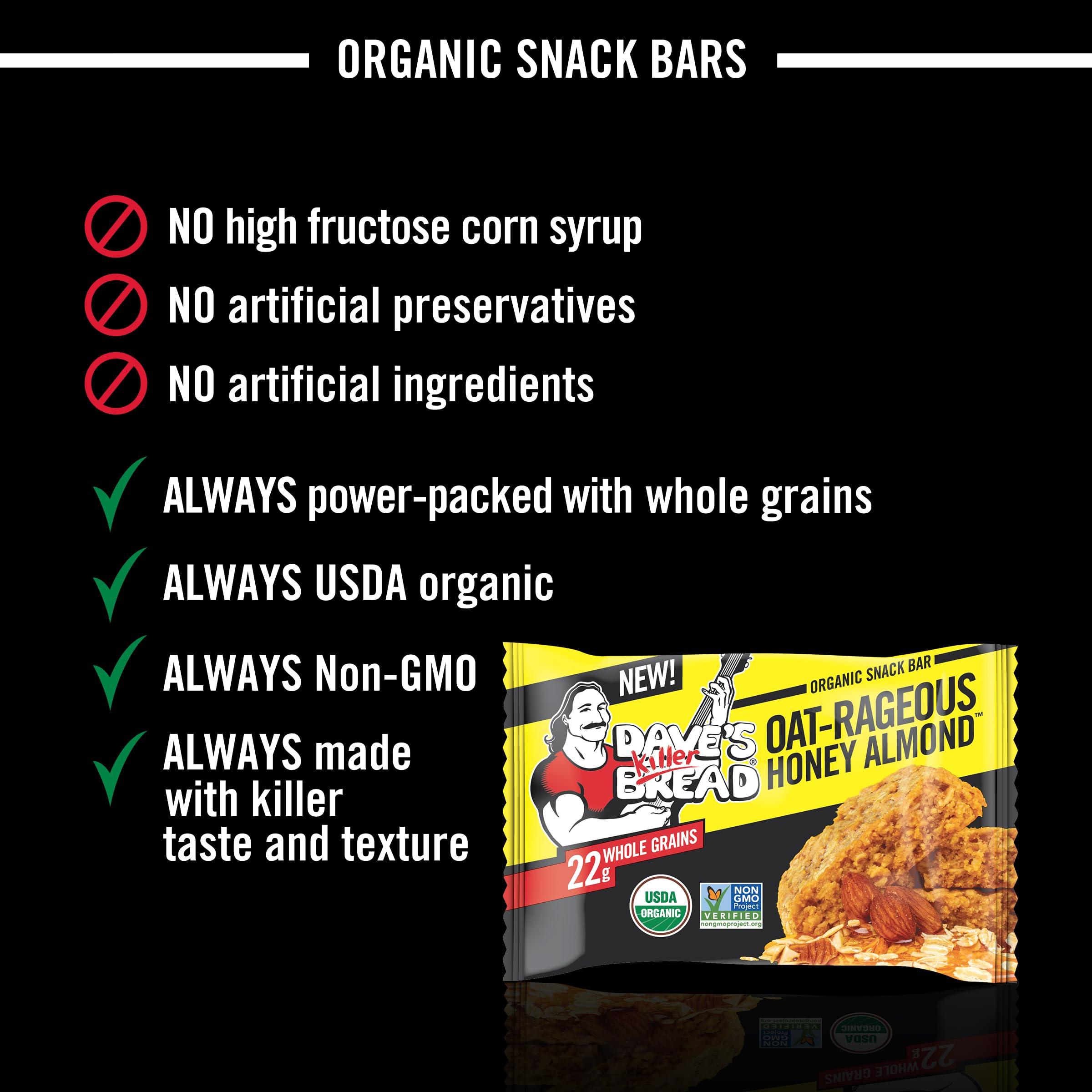 Hand holding Dave's Killer Bread bar to show size and grab-and-go convenience