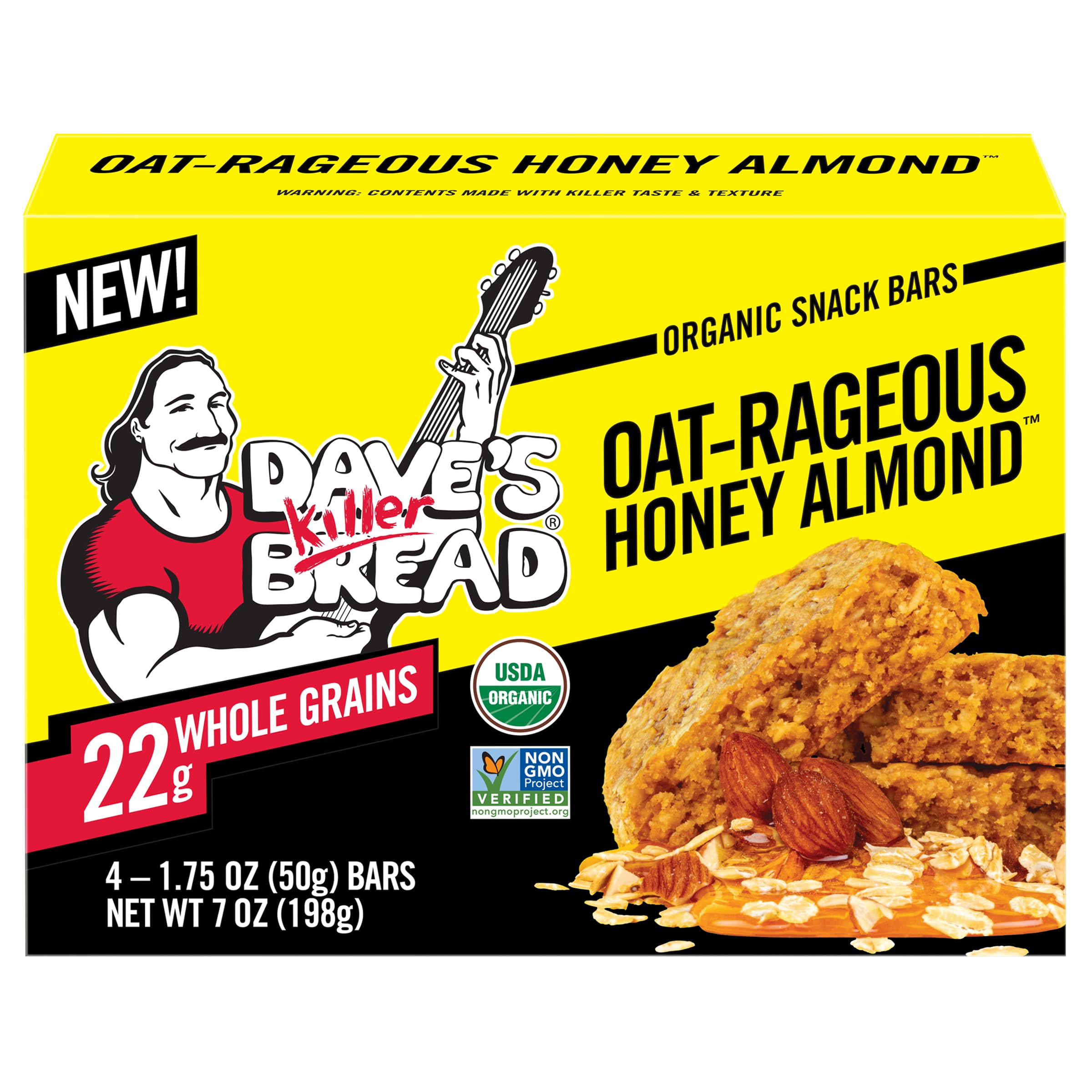 Dave's Killer Bread front packaging showing organic snack bar box and branding benefit portability