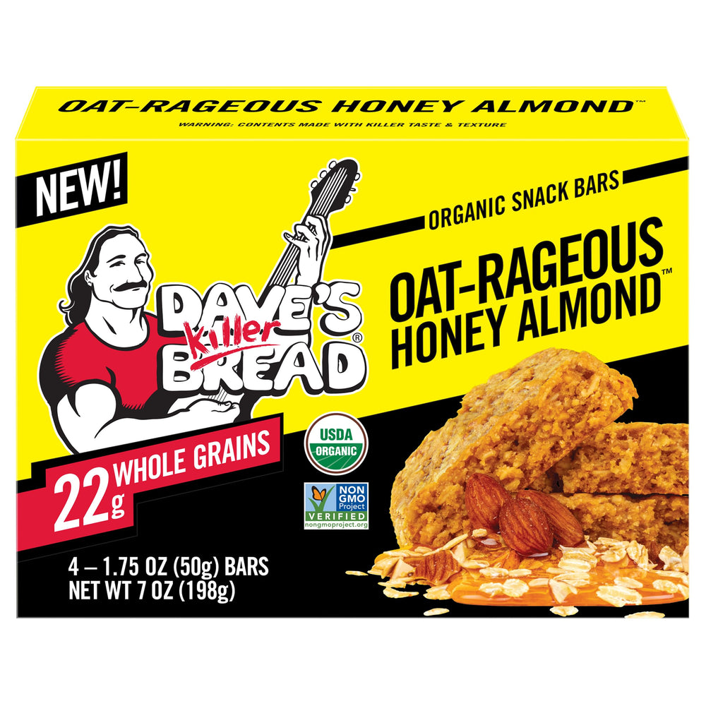 Dave's Killer Bread front packaging showing organic snack bar box and branding benefit portability