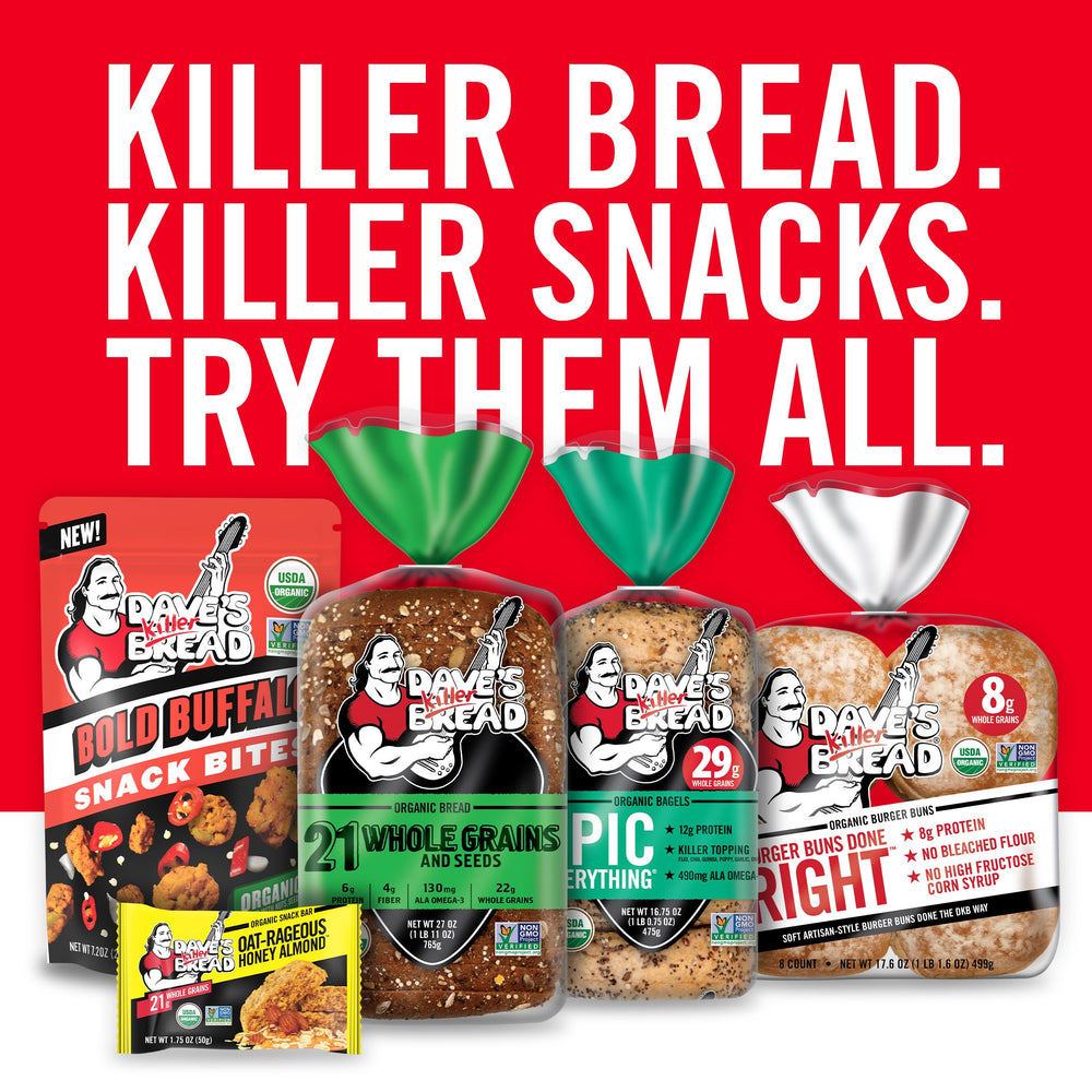 Four individually wrapped Dave's Killer Bread bars arrayed to show portion control and freshness