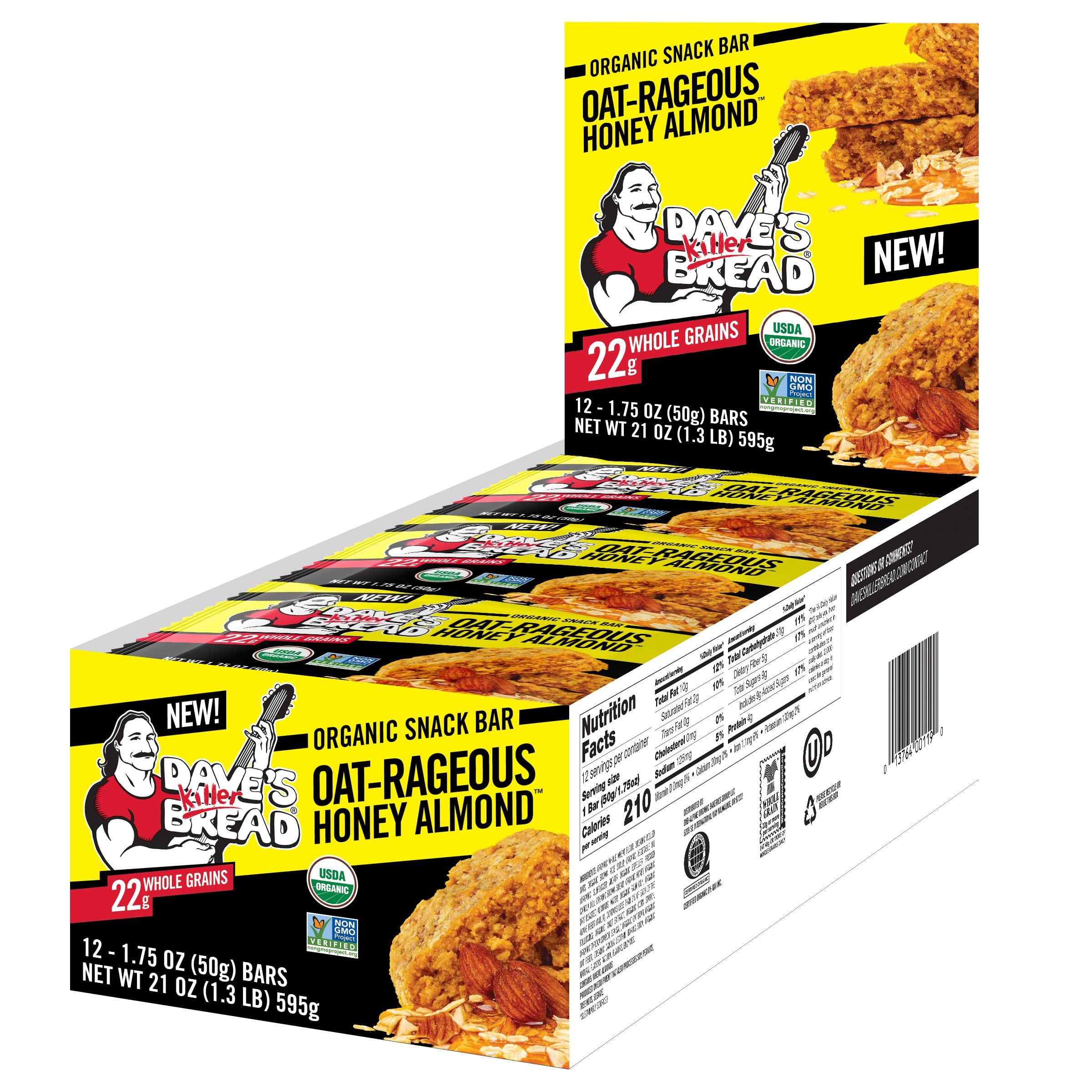 Dave's Killer Bread single unwrapped bar revealing oats and almonds, satisfying texture