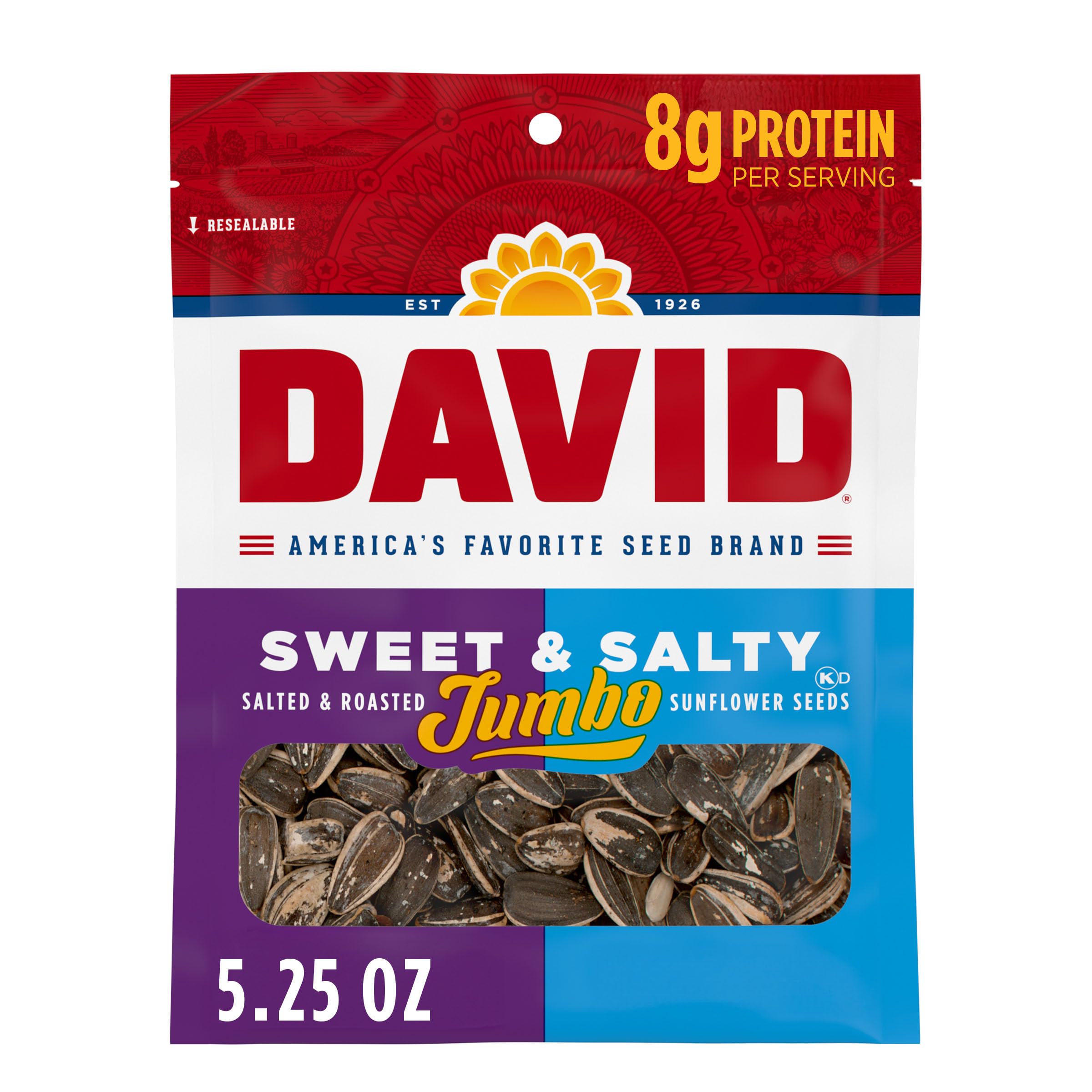 DAVID front packaging showing 5.25 oz bag and brand for quick snack recognition