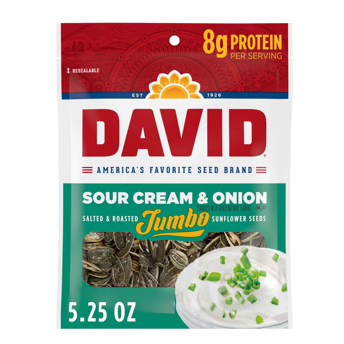 DAVID front packaging showing sour cream and onion flavor and serving convenience