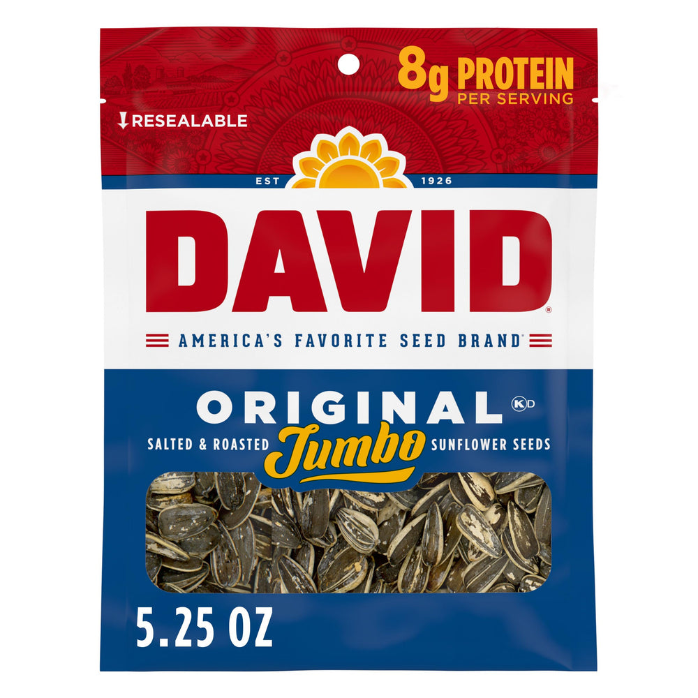 DAVID front packaging showing jumbo roasted and salted seeds, convenient resealable bag benefit