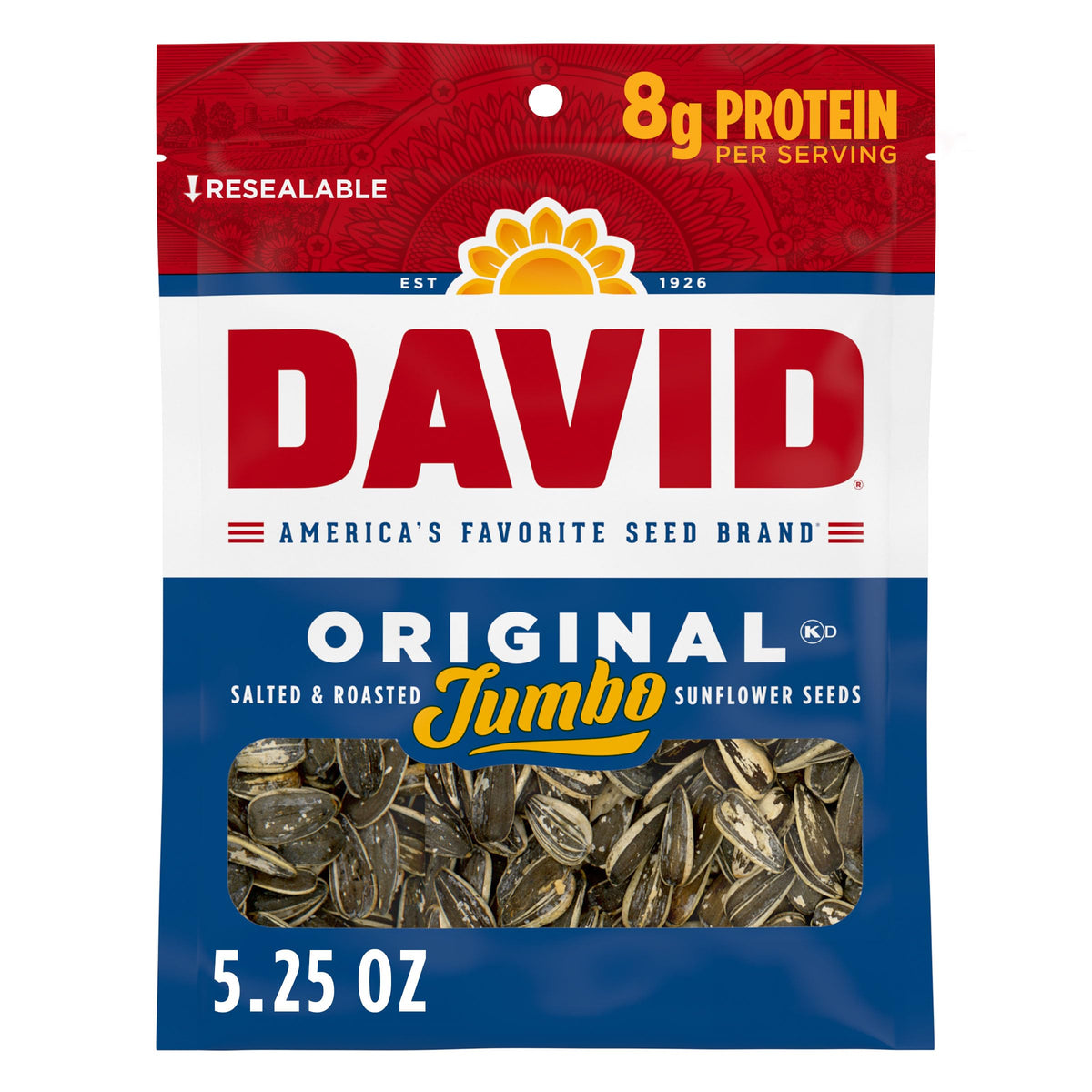 DAVID front packaging showing jumbo roasted and salted seeds, convenient resealable bag benefit