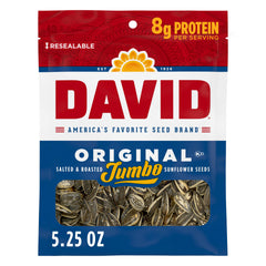 DAVID front packaging showing jumbo roasted and salted seeds, convenient resealable bag benefit