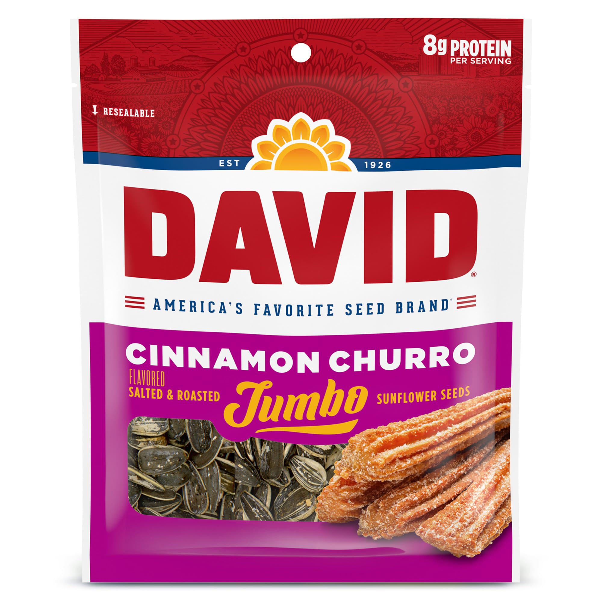 DAVID pack front view showing cinnamon churro flavor and convenience