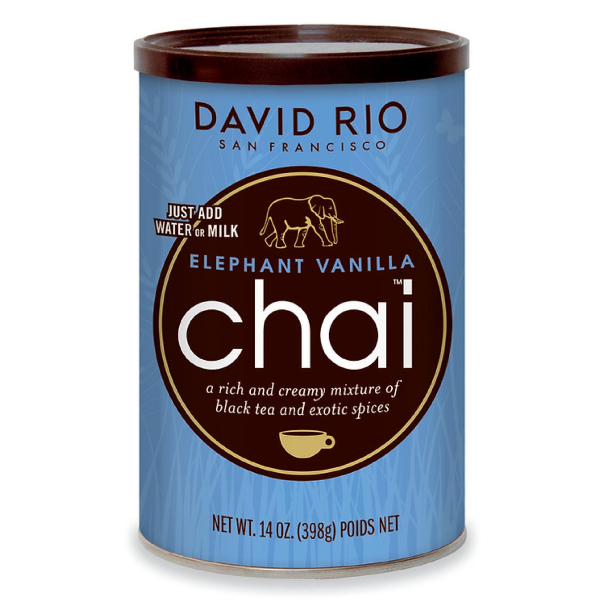 David Rio front packaging showing elephant logo and product benefit of creamy vanilla chai