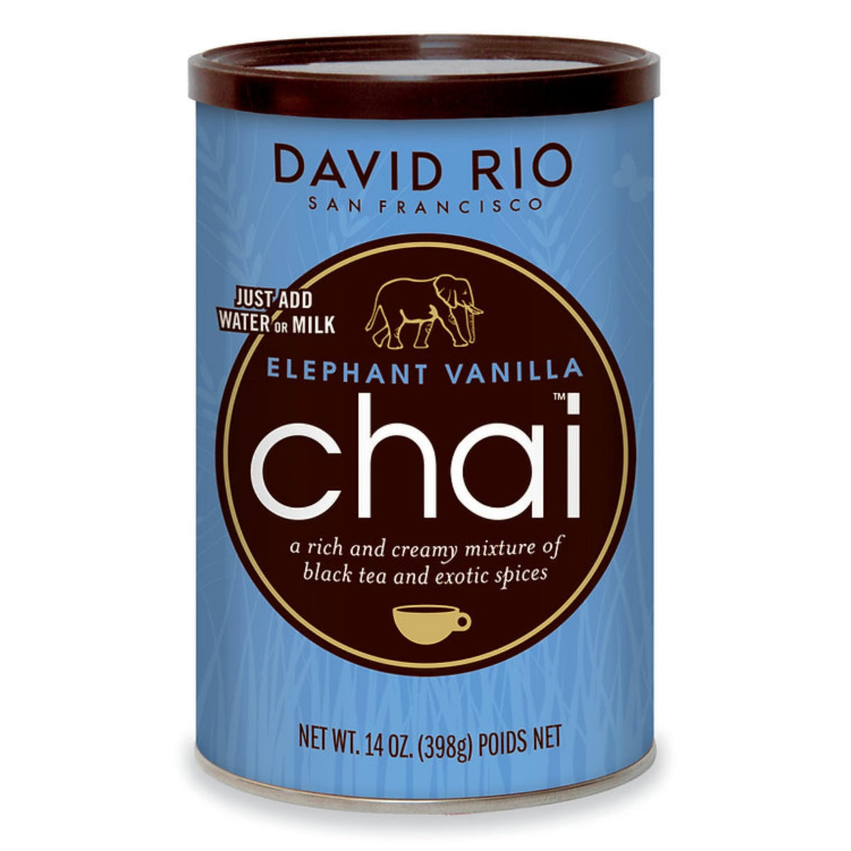 David Rio front packaging showing elephant logo and product benefit of creamy vanilla chai