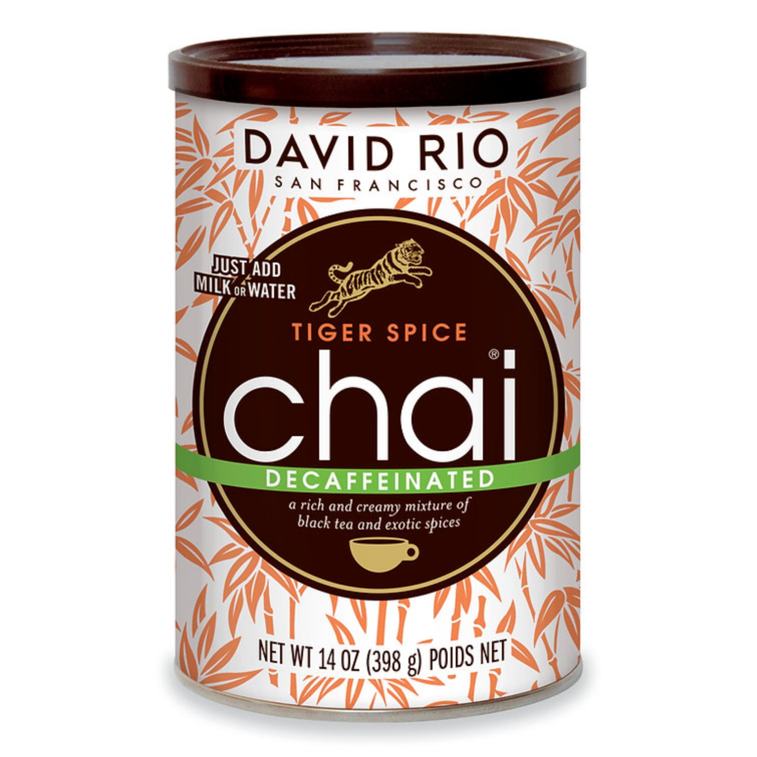 David Rio front package showing 14 oz container and tiger design, clear product branding and size