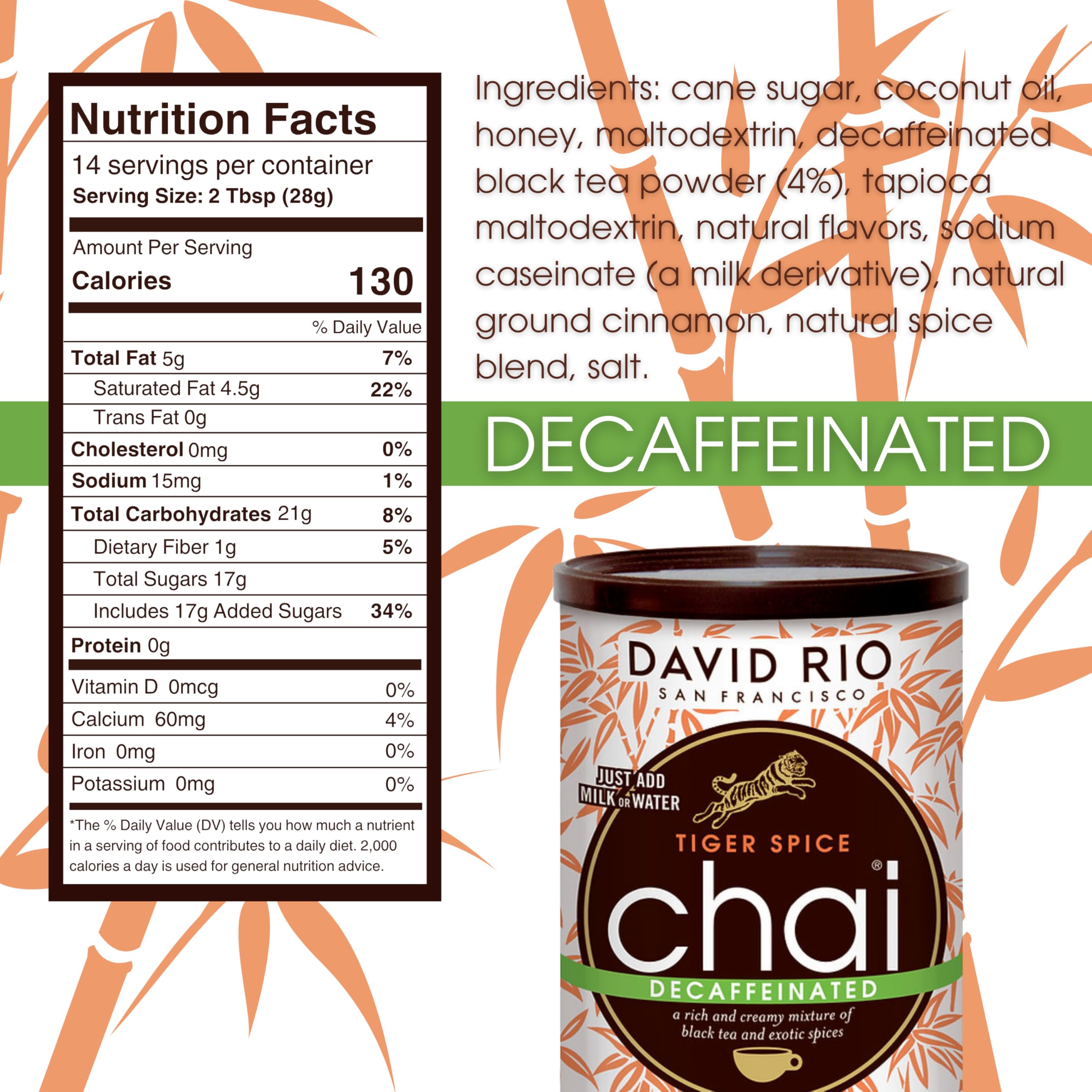 David Rio open can with decaf chai powder visible, showcasing texture and mixability