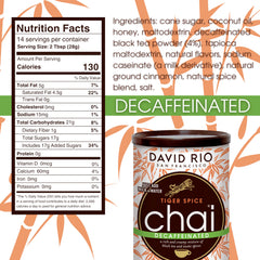 David Rio open can with decaf chai powder visible, showcasing texture and mixability