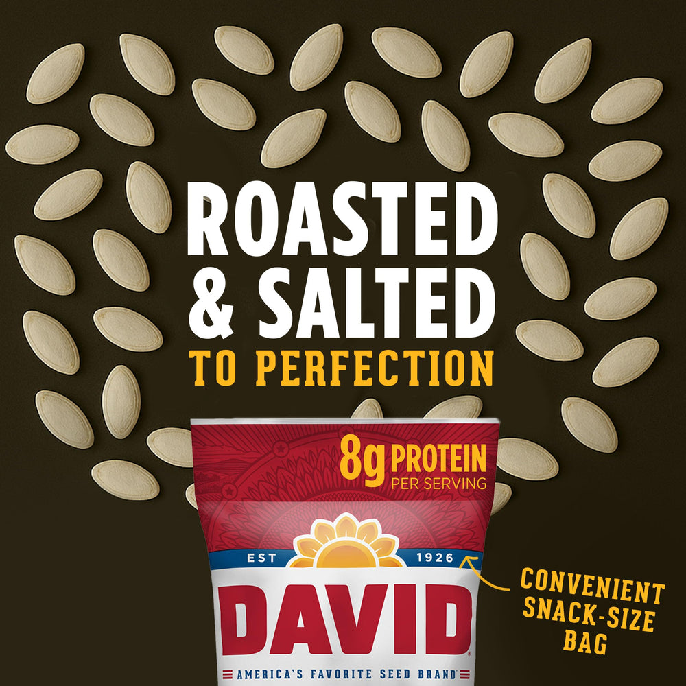 DAVID opened bag with seeds spilling to show portion size and ready-to-eat convenience on the go
